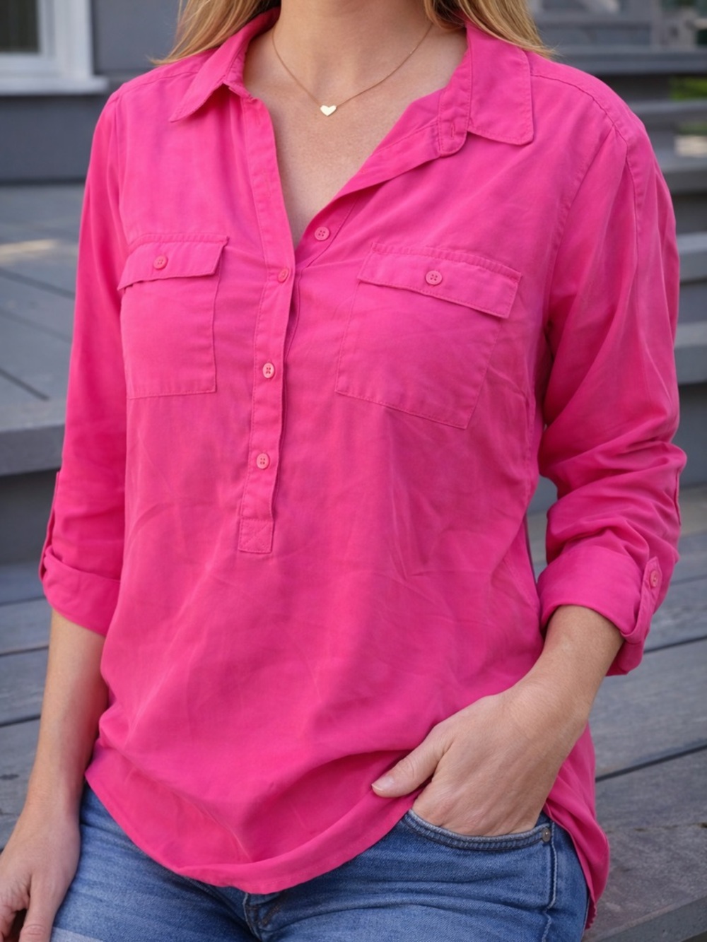 Old Navy Hot Pink Roll-Tab Top - Picture 6 of 6